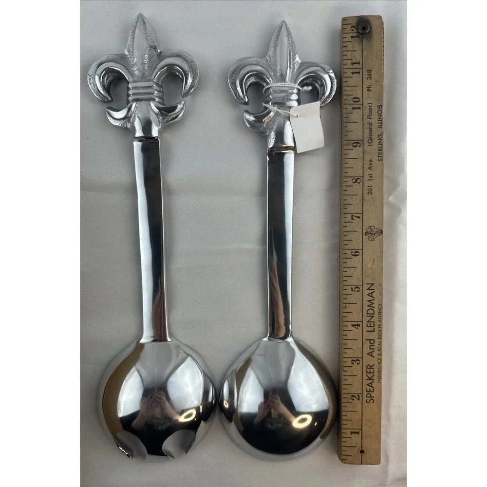 Vintage Fleur de lis‎ Cast Aluminum Salad Tongs Fork Spoon Serving Set India NEW